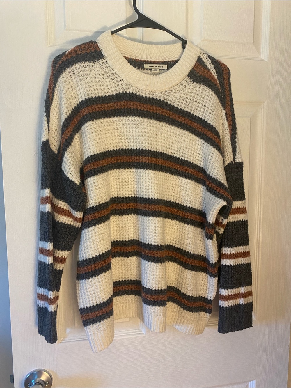 American Eagle Outfitters Striped Crewneck Sweater - Cream, Brown & Charcoal